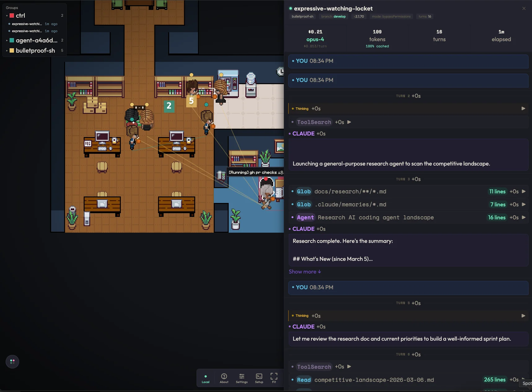 Session Inspector UI showing agent transcript with tool calls and token usage