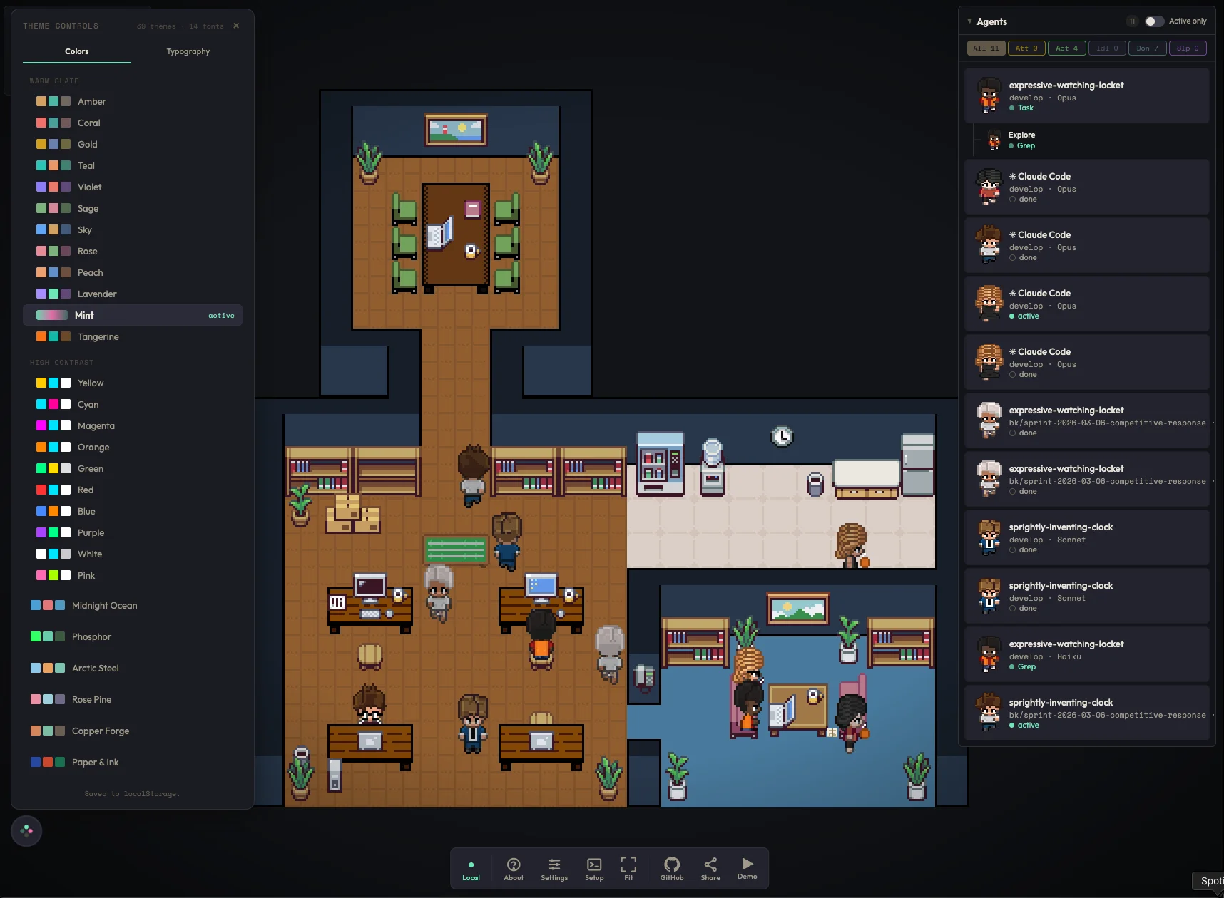 Theme controls panel showing 39 color themes with Mint theme active